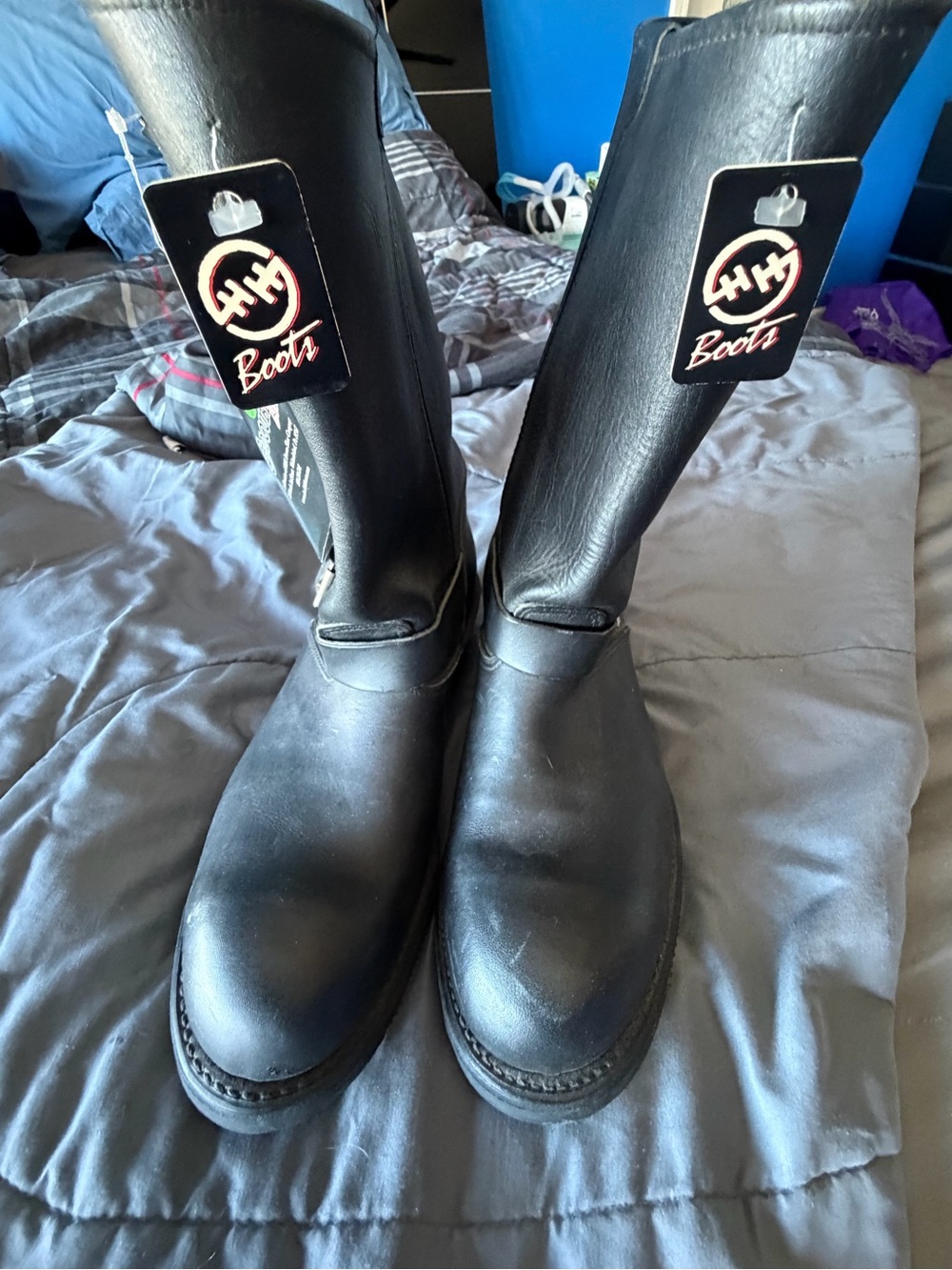 Double H Black Leather Engineer Moto Boot with Buckle